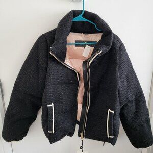 Nicole Benisti Kensington Black Down Coat with Tweed Finish. Size Medium, NWT